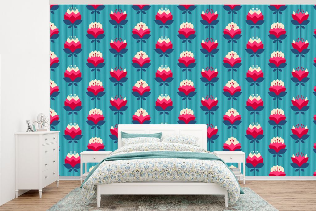 MuchoWow Fototapete für Wohnzimmer oder Schlafzimmer Wandtapete Vinyl Motivtapete Muster - Retro - Lilie - 405x260 cm - Die Küche