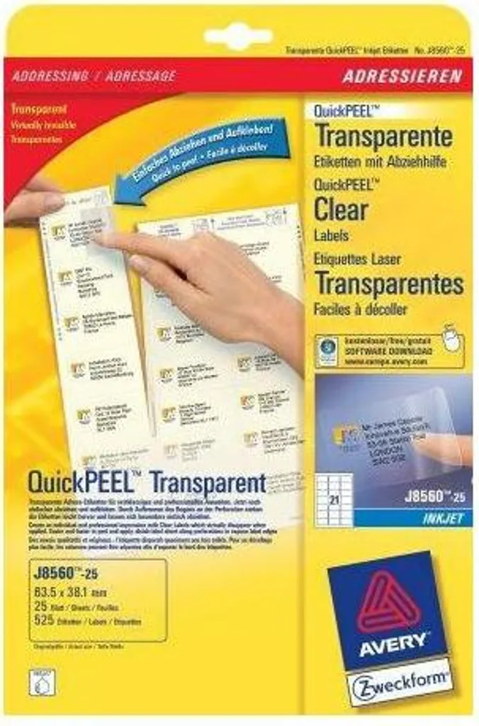 Avery J8560-25 525 Etichette Adesive Trasparenti Inkjet A4