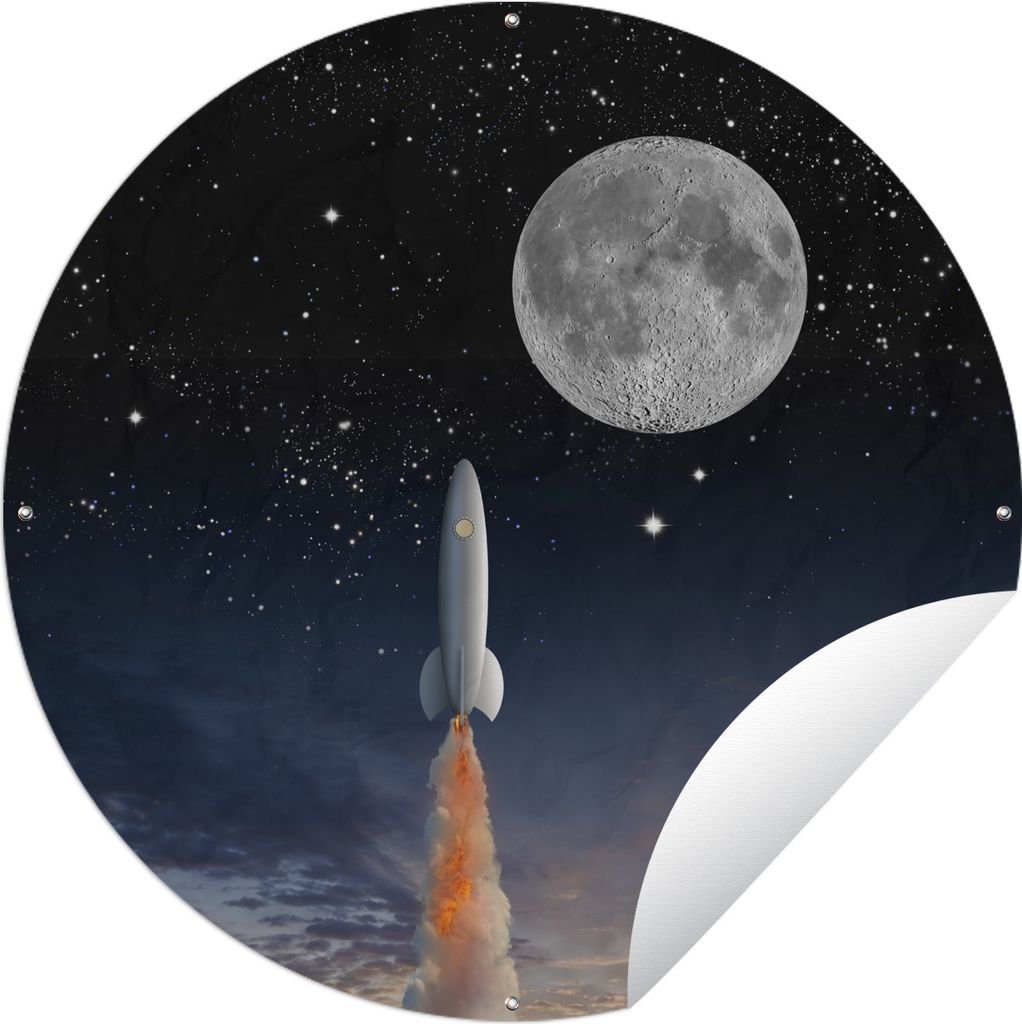 MuchoWow Gartenposter Outdoor-Poster Rund Eine Illustration der Raumfähre und des Vollmondes Ø 150 cm Gartendeko Rundes Poster draußen