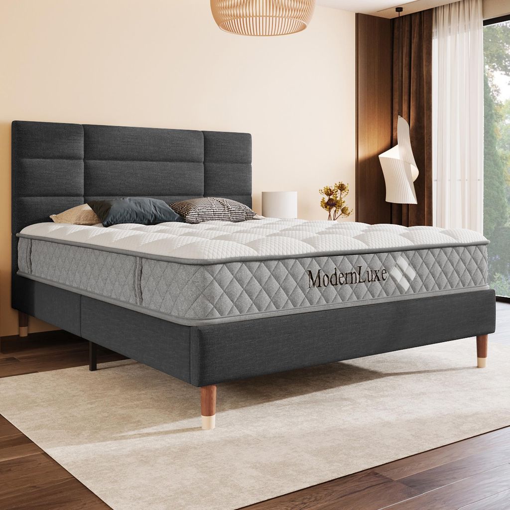 Polsterbett, 140x200 Dunkelgrau, mit Lattenrost + Matratze + gepolstertem Bett, Leinen