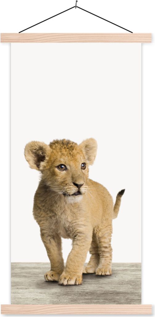 MuchoWow Textilposter Löwe - Junge - Kinder - Jungen - Tiere - Mädchen 60x120 cm mit holzfarbenen Rahmen - Holz