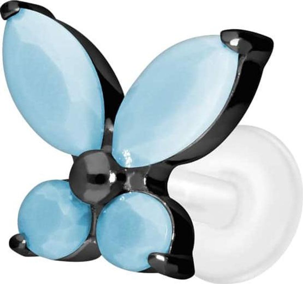 Ohrpiercing, Nasenpiercing PTFE Labret mit Innengewinde + Titan-Aufsatz SCHMETTERLING+SYNTHETISCHE TÜRKISE Schwarz Stablänge: 5mm | Stabstärke: ...