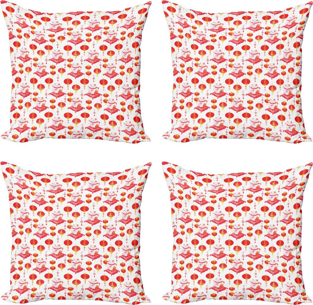 ABAKUHAUS japanische Katze Kissenbezug Set (4 Stück), Katze Maneki Neko, Moderner Doppelseitiger Digitaldruck, 60 cm x 60 cm, Dunkler Coral Yellow