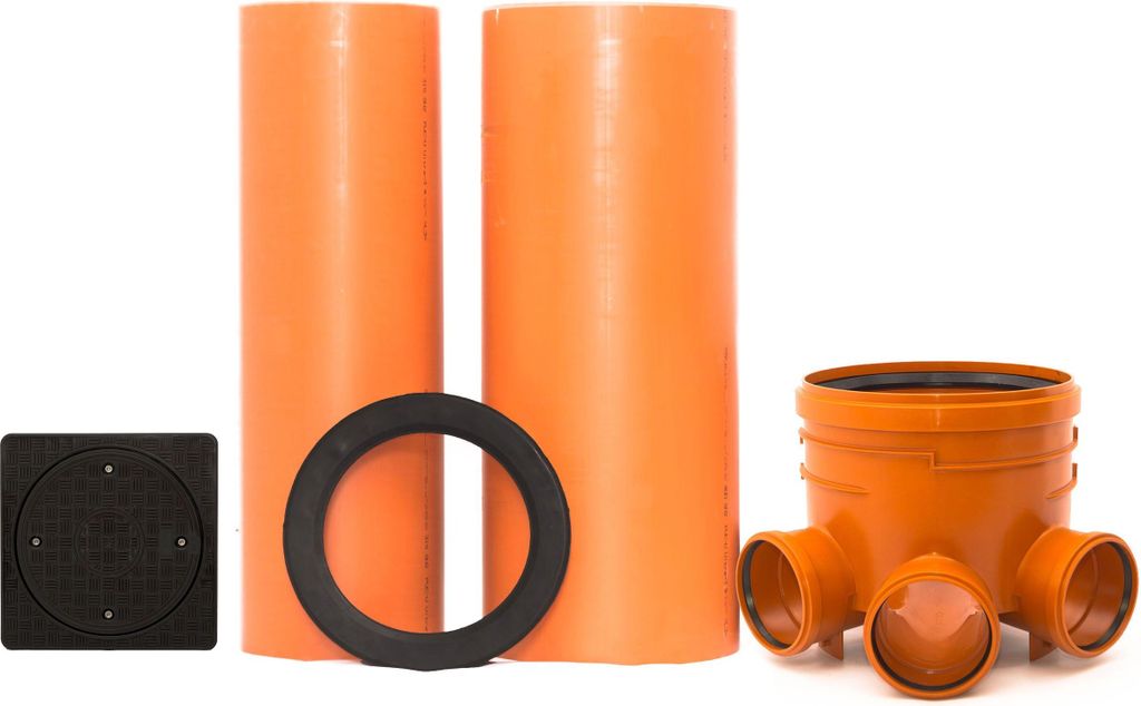 KG Schacht Abwasserschacht DN 400 Schachtboden 3x160/1x160 - Rohr DN400, DN315 - quadratisch voll Deckel DN315 - Kanal Entwässerung Komplett SET