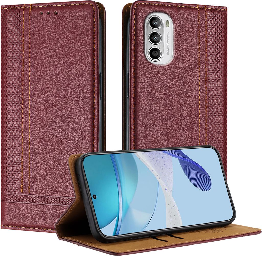 Handyhülle für Motorola Moto G52 Leder Flip Klappbare Schutzhülle mit Standfunktion Dunkelrot