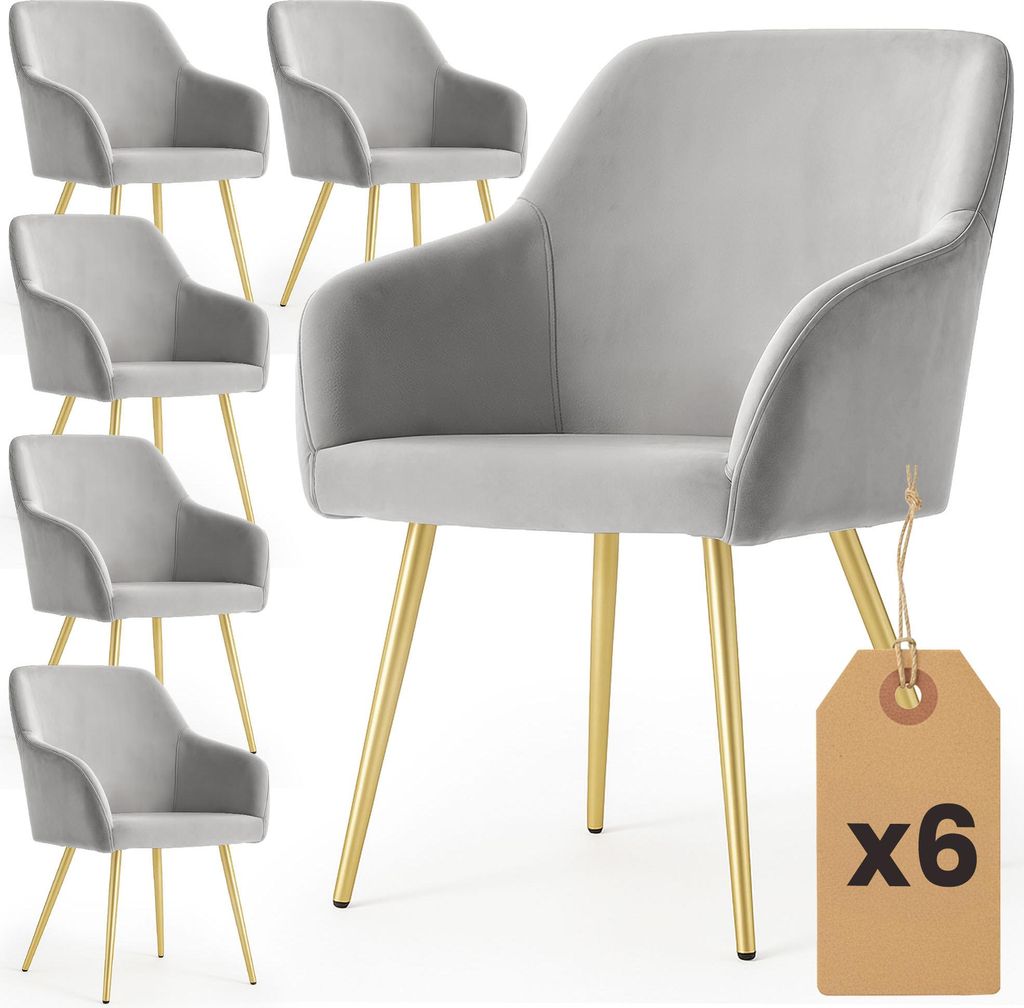 6er Set Glatte Velours Esszimmerstühle ESTELLE Grau mit goldenen Beinen
