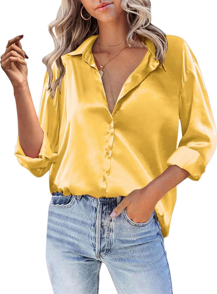 ASKSA Damen Satin Bluse V-Ausschnitt Hemde Elegant Knoepfen Oberteile Casual Einfarbig Tunika Langarmshirt (Gelb,L)