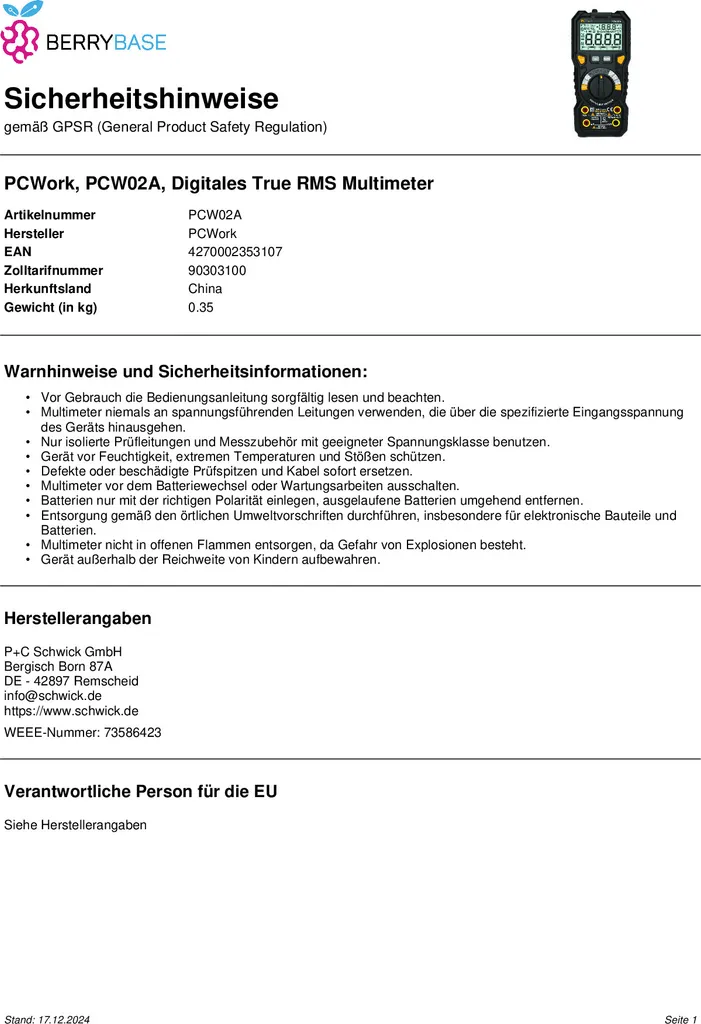 Multimètre numérique PCWork PCW02A testeur électrique professionnel TRMS
