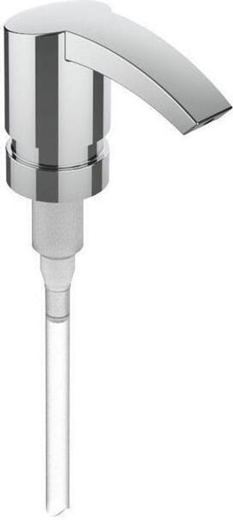 A chrome soap dispenser pump with a clear plastic tube attached.