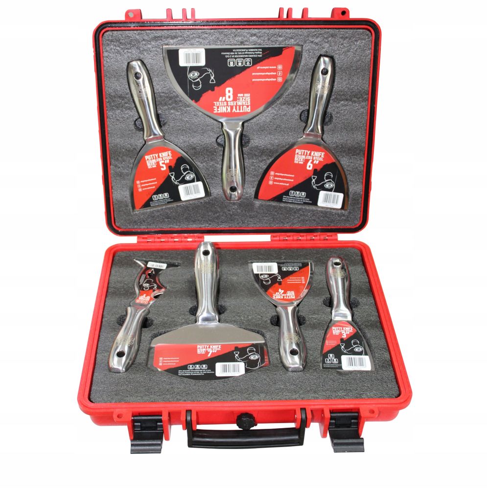 A set of putty knives and tools in a red carrying case.
