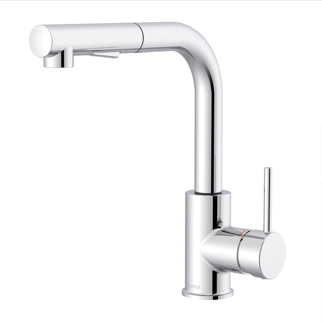 Lenz OLINA FLEX Küchenarmatur Chrom – L-Auslauf, ausziehbare 2-Strahl-Brause, Kaltstart & Wassersparfunktion, . 46071102