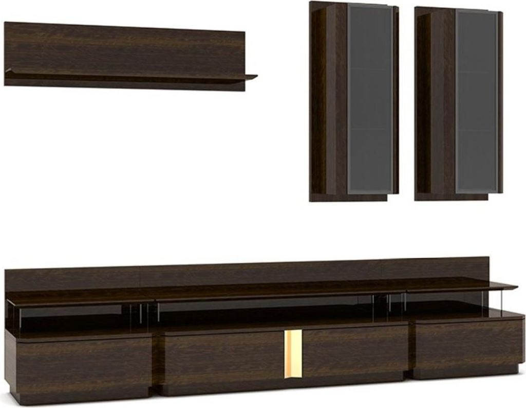Casa Padrino Luxus Wohnzimmer TV Schrank Set Braun / Grau / Gold - 1 TV Schrank & 2 Hängeschränke & 1 Wandregal - Edles Wohnzimmer Möbel Set - L...