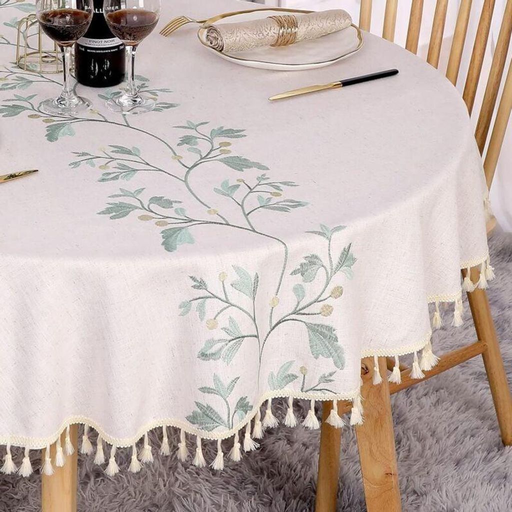 Runde Tischdecke aus Leinen und Baumwolle (140 cm), fleckenabweisend, waschbar, beige, mit gestickten grünen Blättern und Quasten, für Geburtsta...
