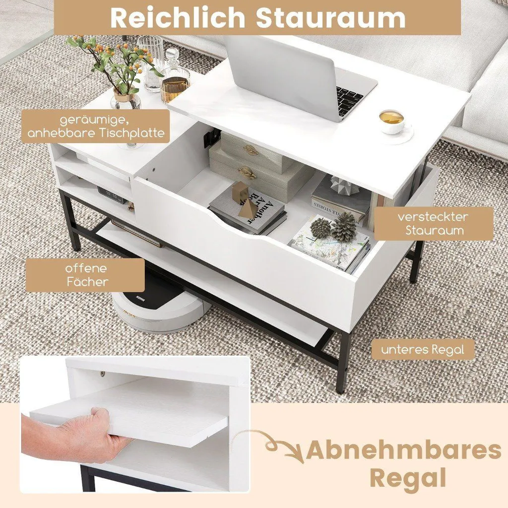 Table basse transformable blanche, meuble de salon avec coffre de stockage