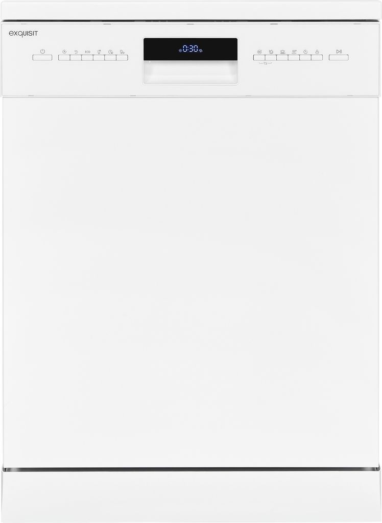 A front view of a white dishwasher.