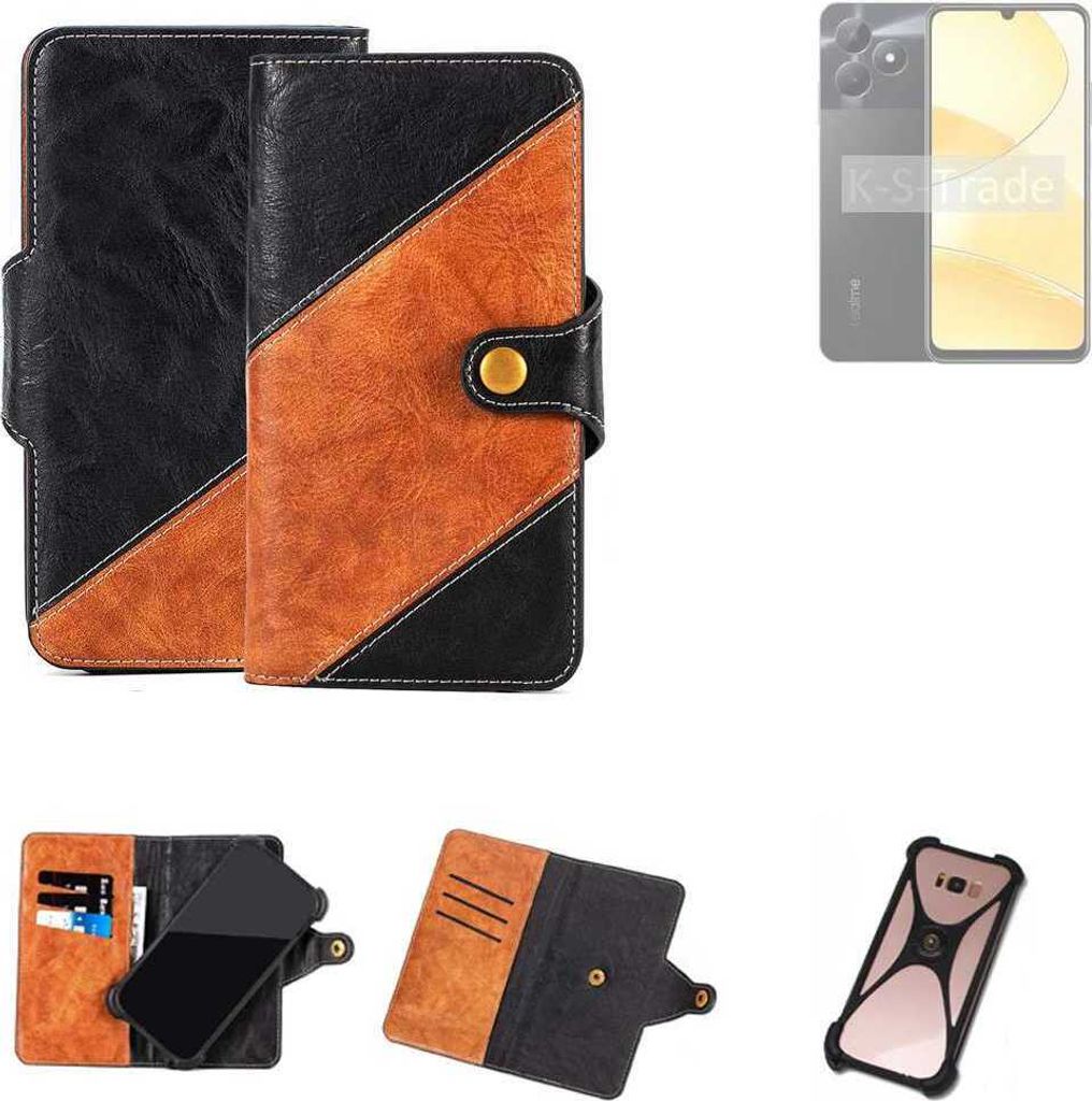 K-S-Trade Handyhülle Schutzhülle Bookstyle Case Wallet-Case kompatibel mit Realme C51s Handy Cover Bumper Klapphülle schwarz hellbraun 1x