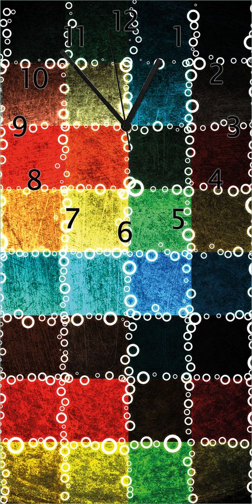 Wallario Design Wanduhr bedruckt, Größe 30 x 60 cm, Motiv: Buntes Patchwork-Muster mit Kreisen