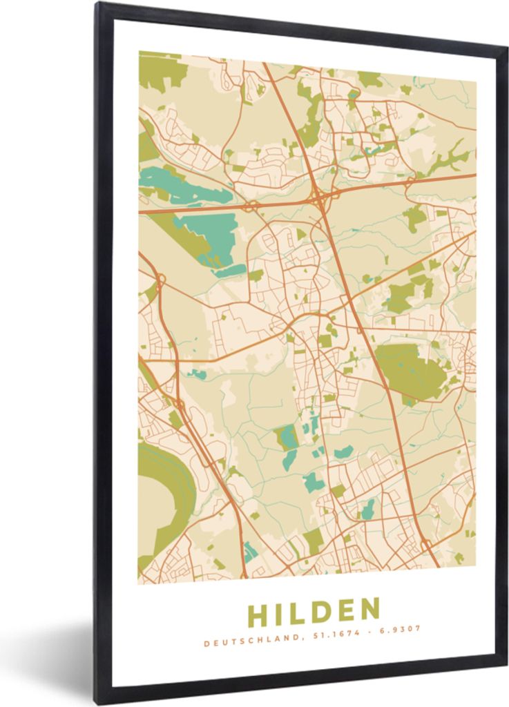 MuchoWow Gerahmtes Poster Hilden - Vintage - Karte - Stadtplan. 20x30 cm - Poster mit Schwarzem Bilderrahmen Wandposter Rahmen Foto Bilder - Druc...