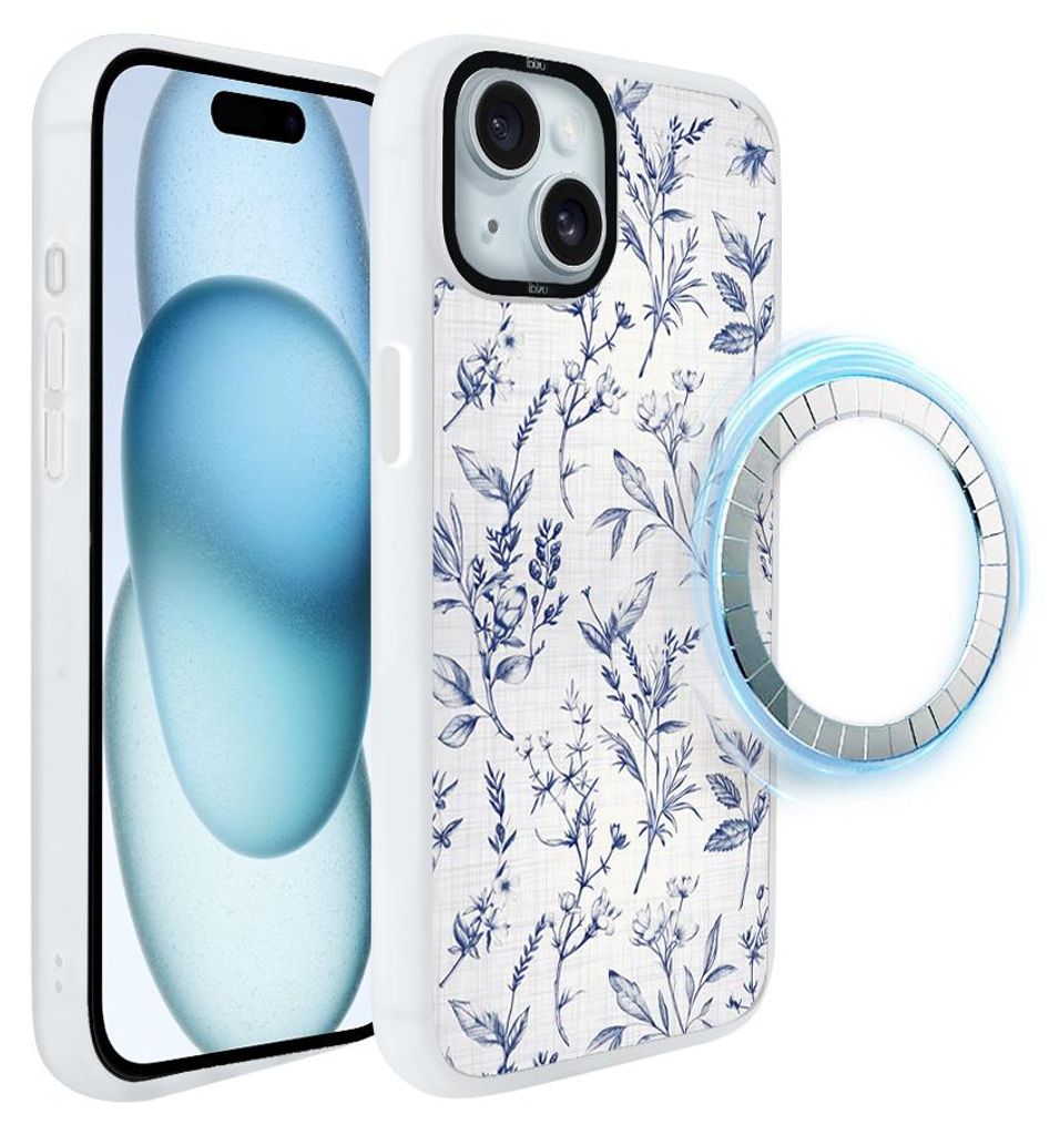 Schutzhülle für das iPhone 15, MagSafe-kompatibel, mattweiße Seiten, Tintenblumen