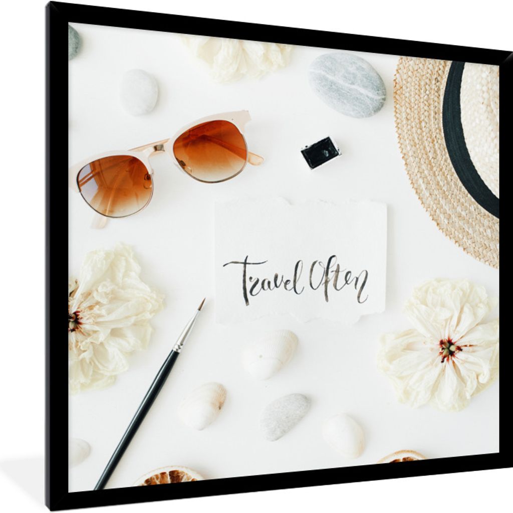 MuchoWow Gerahmtes Poster Sonnenbrille - Tropical - Hut 40x40 cm - Poster mit Schwarzem Bilderrahmen Wandposter Rahmen Foto Bilder - Mit Rahmen -...