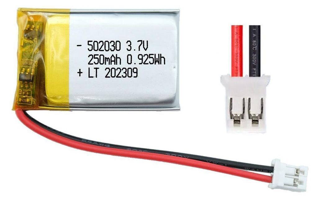 A small lithium polymer battery with wires and a connector.