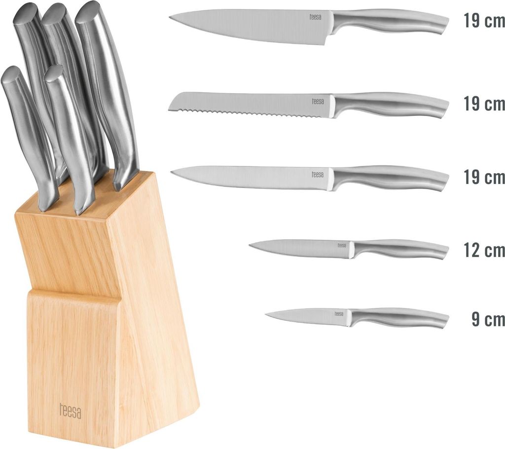 A set of kitchen knives in a wooden block, with individual knives shown next to their measurements.