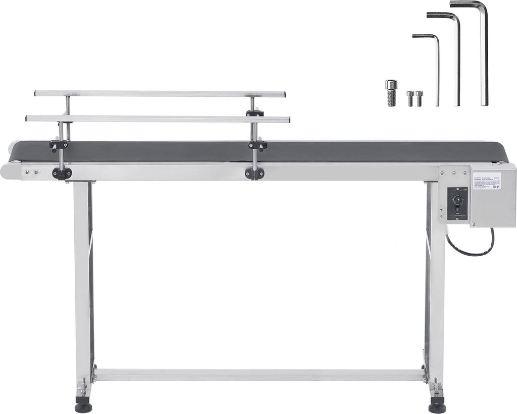 A conveyor belt system with adjustable rails and a control box.