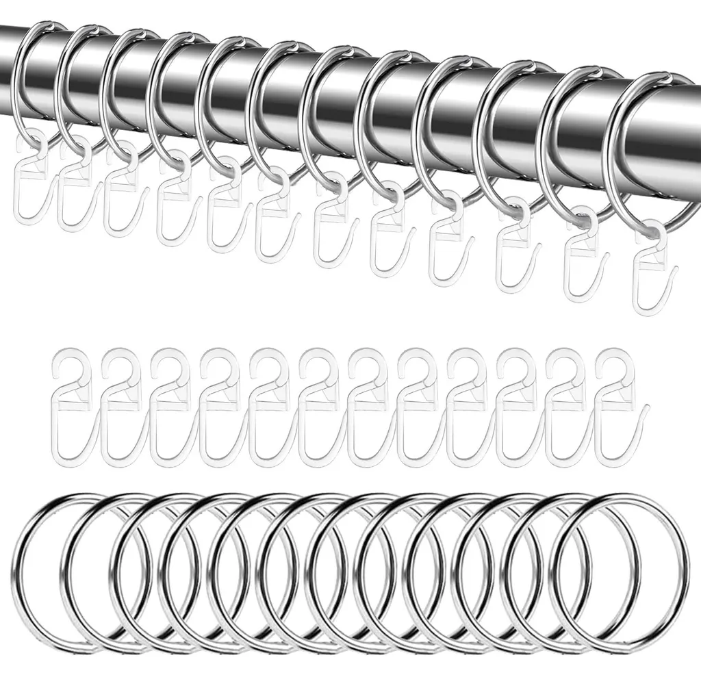 Anneaux de Rideaux Métalliques 30 mm Silencieux avec Crochets - Lot de 24