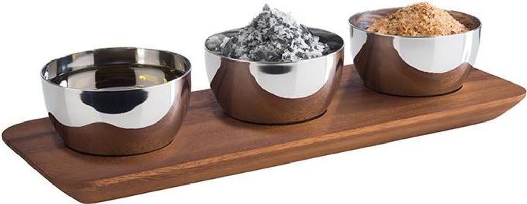 APS 878 Servierbrett NARROW II, 31 x 11 cm, Höhe 2 cm, Akazienholz, mit 3 Vertiefungen Ø 6 cm