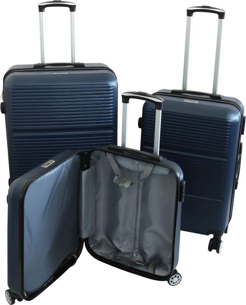 Blaues Kofferset dreiteilig mit Schloss / 55 67 76 cm Hartschale 4 Doppelrollen Kantenschutz Tragegriff LM948