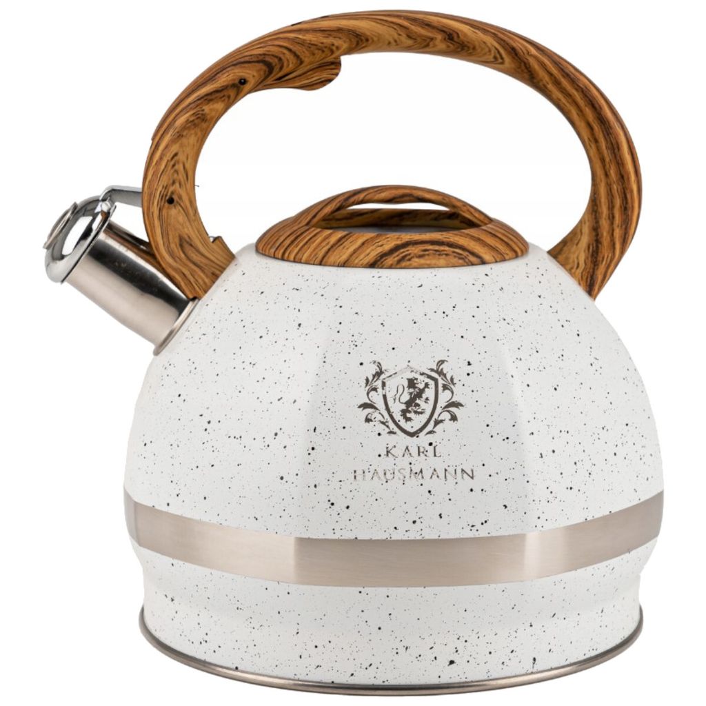 Karl Hausmann Edelstahl Flötenkessel 3 L Wasserkocher Pfeifkessel Iryda Wasserkessel für den Herd Weiss