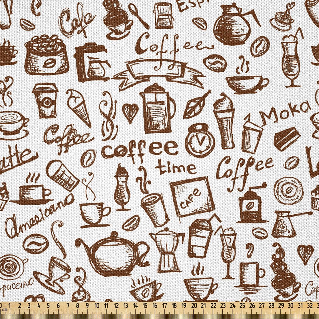 ABAKUHAUS Kaffee Satin Stoff als Meterware, Cool Drink Kaffee Zeit Americano Mocha Espresso Herz Banner Kuchen Tassen Monochrom, 3 M (148 x 300 cm)...