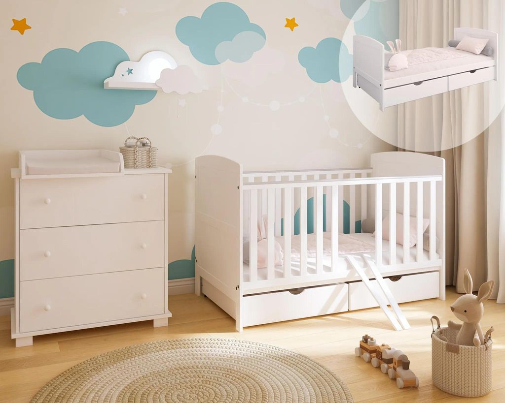 ZEE Weiß Babybett 140x70 cm PHILIP 3in1 mit 2 Schubladen Produktbild 