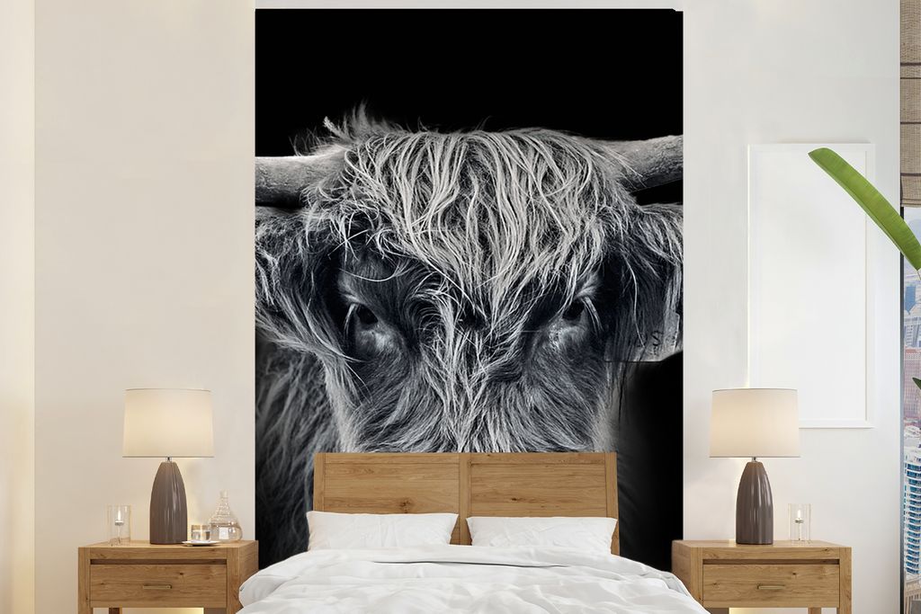 MuchoWow Fototapete für Wohnzimmer oder Schlafzimmer Wandtapete Vinyl Motivtapete Schottischer Highlander - Schwarz - Kuh - Tiere - 155x240 cm -...