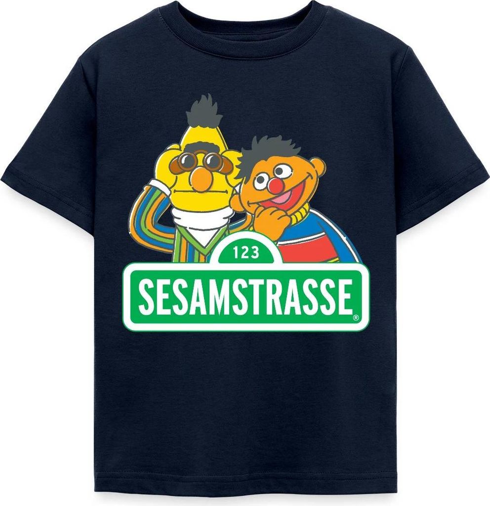 Spreadshirt Sesamstraße Schild Ernie und Bert Kinder T-Shirt, 122/128 (7-8 Jahre), Navy