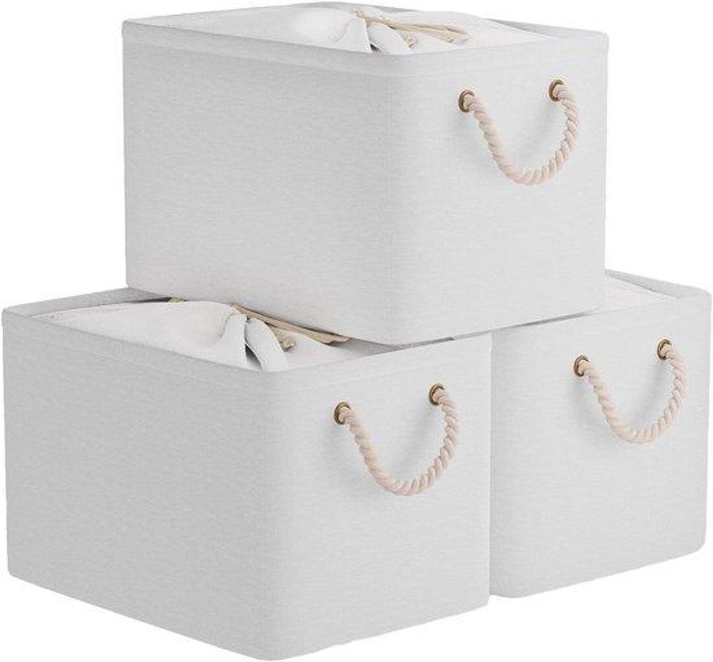Famanu Aufbewahrungskorb Set – 3 große faltbare Körbe – 40 × 30 × 26 cm – Mit Handgriffen und Zugband – Weiß