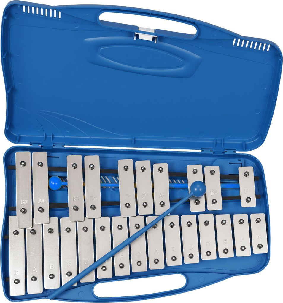 Relaxdays Glockenspiel, chromatisch, 25 Klangplatten G5–G7, 2 Schlägel, Xylophon im Koffer, HBT: 4 x 38 x 23 cm, blau