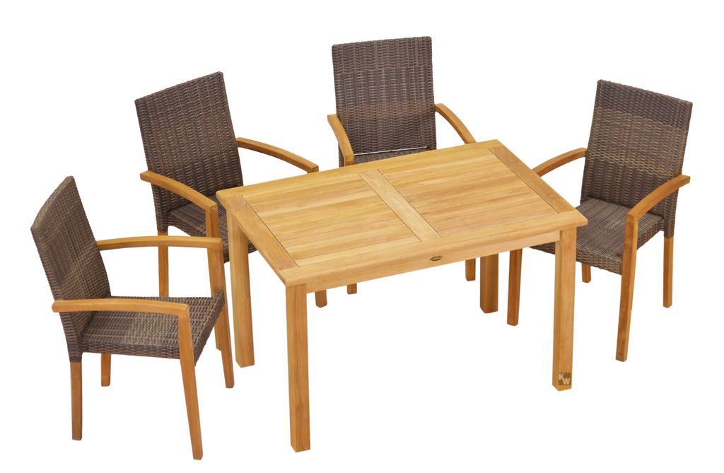 Garten-Essgruppen Exklusive Teak Sitzgruppe aus 4 Stapelstühlen und 1 Tisch 120 x 80 cm Teak-Gartenmöbel Set mit modernem Materialmix