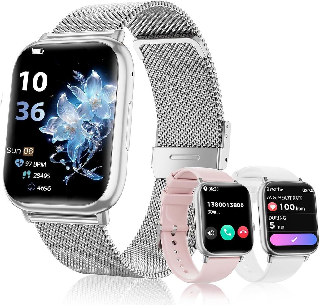 Smartwatch Damen mit Telefonfunktion, 3 Armbänder 1.83" HD Smart watch mit 24H Pulsmesser SpO2 Schlafmonitor IP68 Wasserdicht 120+ Sportmodi Schri...