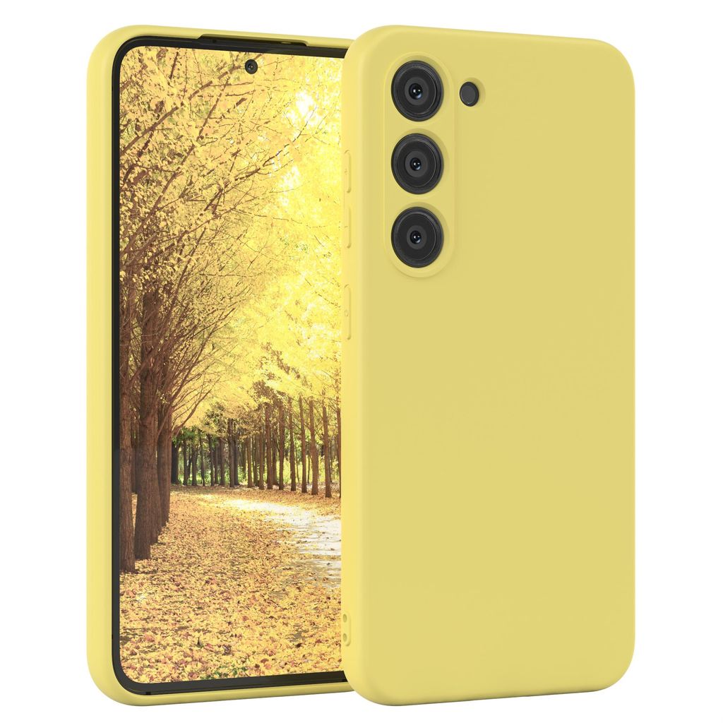 A yellow phone case is shown on a white background, with a phone displaying a nature scene inside the case.