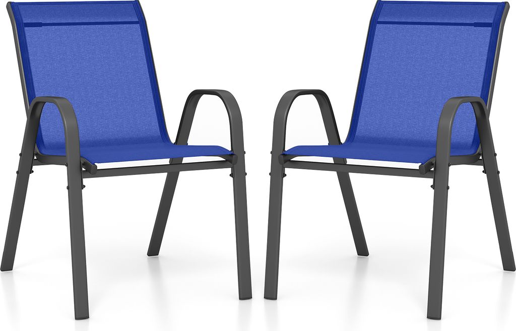 Two blue outdoor chairs with gray frames are shown against a white background.