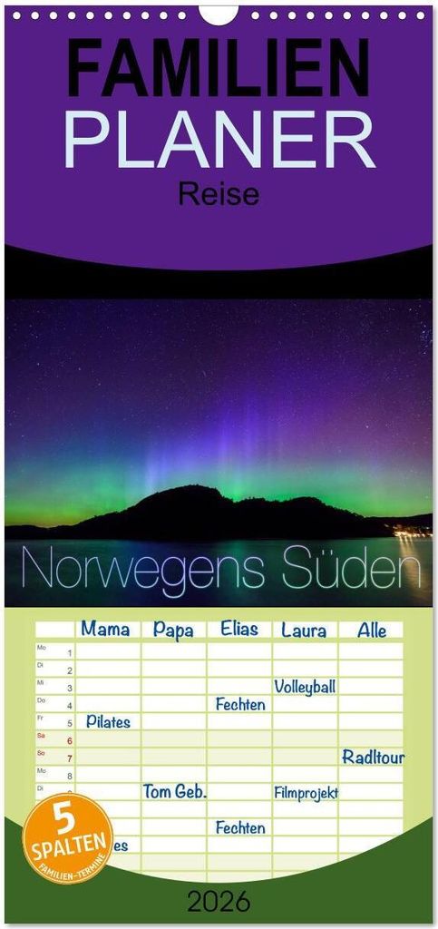 Familienplaner 2026 - Norwegens Süden mit 5 Spalten (Wandkalender, 21 x 45 cm) CALVENDO
