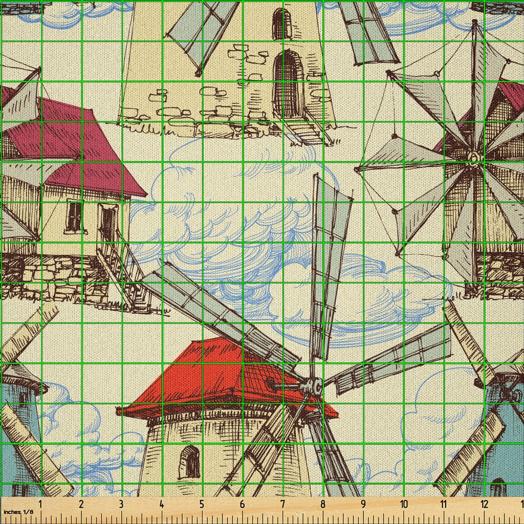 ABAKUHAUS Skizzieren Microfaser Stoff als Meterware , Kunstwerk von Wind Mill und Wolken Grunge-Stil von Hand gezeichnet Flüchtiges Gekritzel, 5 M...