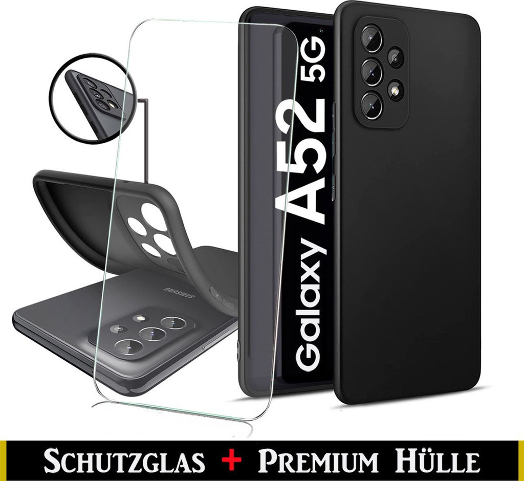 Für Samsung Galaxy A52 5G Silikon Schwarz Schutz Hülle + HD Produktbild 1