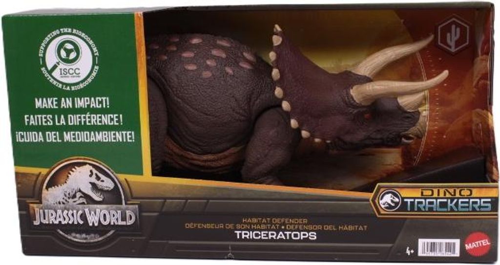 A toy Triceratops dinosaur in its retail packaging.