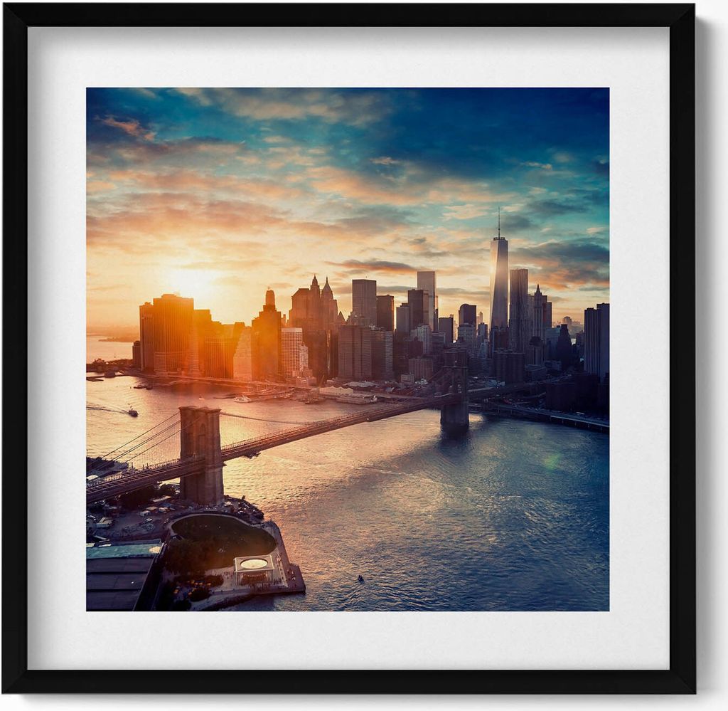 New York Manhattan und Sonnenuntergang– Wandbild mit Rahmen – Gerahmtes Bild – Wanddekoration – 50x50 cm – Schwarz Rahmen