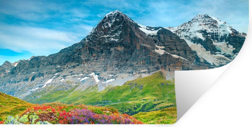 MuchoWow Wandtattoo Wandsticker Wandaufkleber Blumen - Berge - Schnee - Landschaft 160x80 cm Selbstklebend und Repositionierbar - Sticker - Dekor...