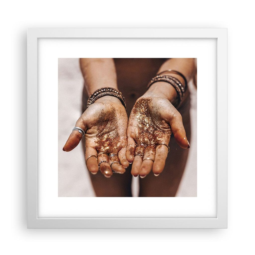 Gerahmtes Poster - Weißer Rahmen - Hände Strand Gold - 30x30 cm - Wand Bild - Wanddeko - Wandbilder - Kunstposter - Wandposter - Bilderrahmen - B...