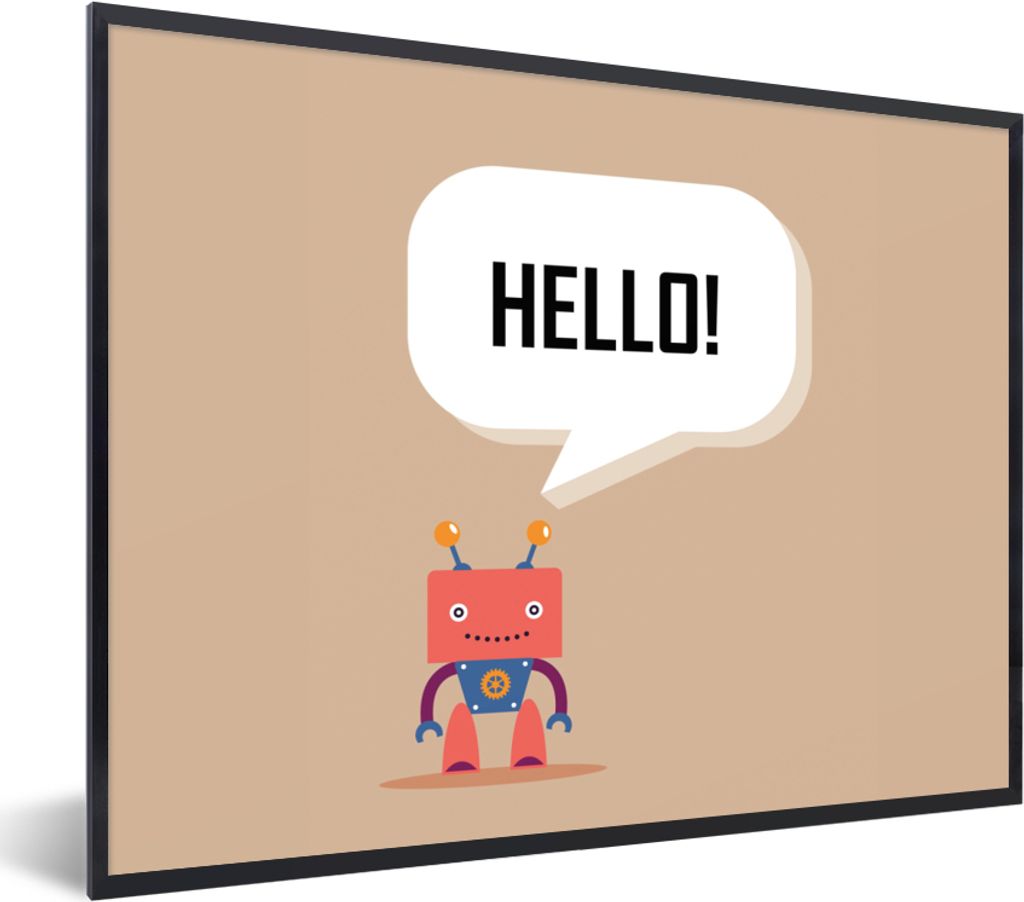 MuchoWow Gerahmtes Poster Sprichwörter - Zitate - Hallo! - Roboter - Zahnrad - Kinder 40x30 cm - Poster mit Schwarzem Bilderrahmen Wandposter Ra...