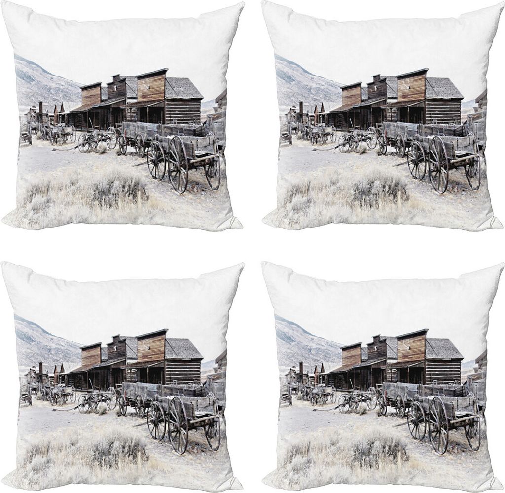 ABAKUHAUS Western Kissenbezug Set (4 Stück), Alte hölzerne 20s Stadt, Moderner Doppelseitiger Digitaldruck, 40 cm x 40 cm, Braun weiß